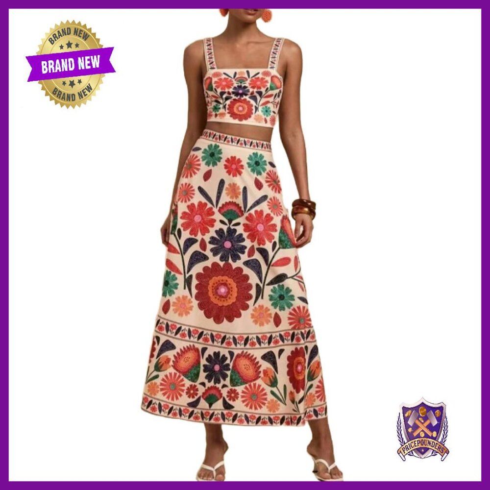 Floral Halter Crop Top Maxi Skirt Set Polyester 2-Piece Outfit